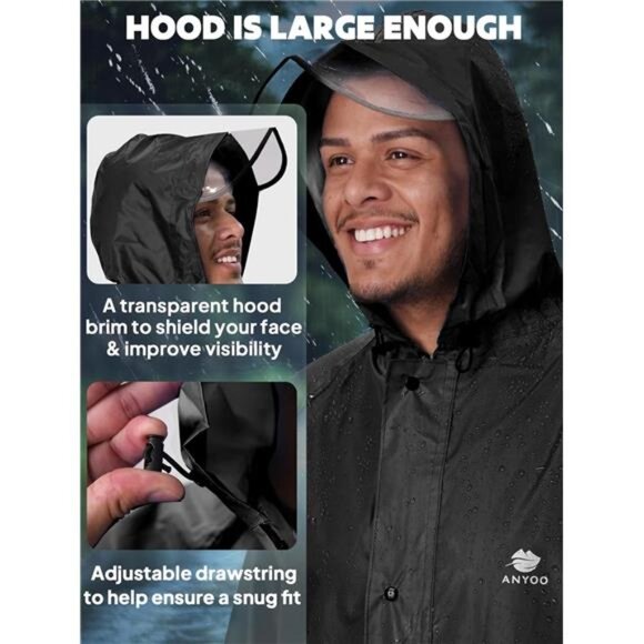 womens mens waterproof rain poncho hooded lightweight raincoat with pocket - Picture 4 of 7